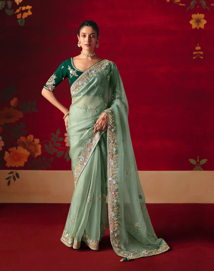 Pista Green Heavy Embroidered Saree