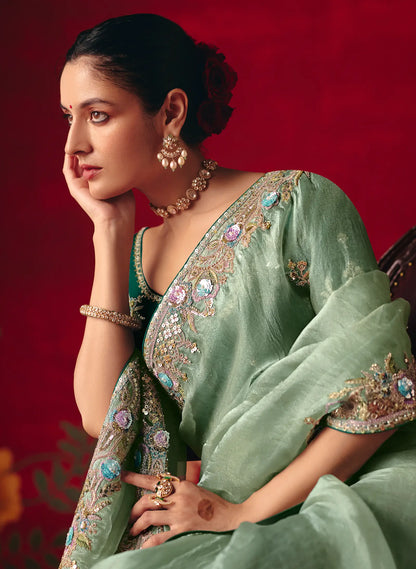 Pista Green Heavy Embroidered Saree