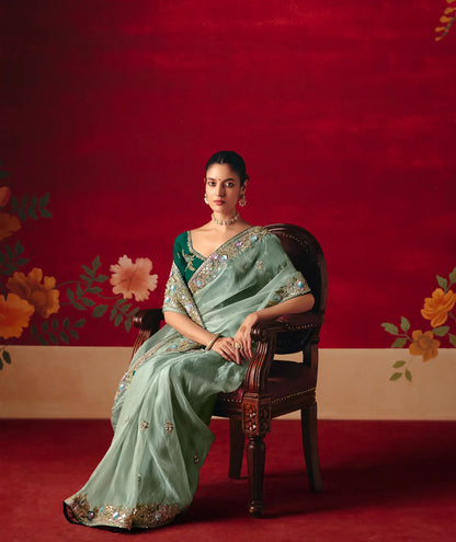 Pista Green Heavy Embroidered Saree