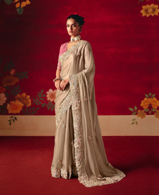 Taupe Beige Heavy Embroidered Saree