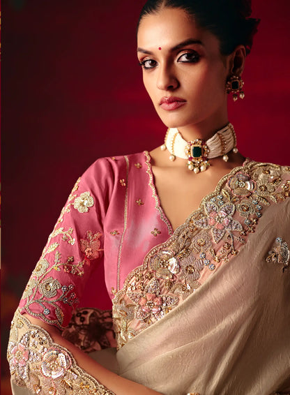 Taupe Beige Heavy Embroidered Saree