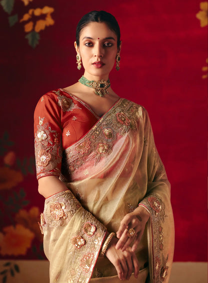Champagne Gold Heavy Embroidered Saree