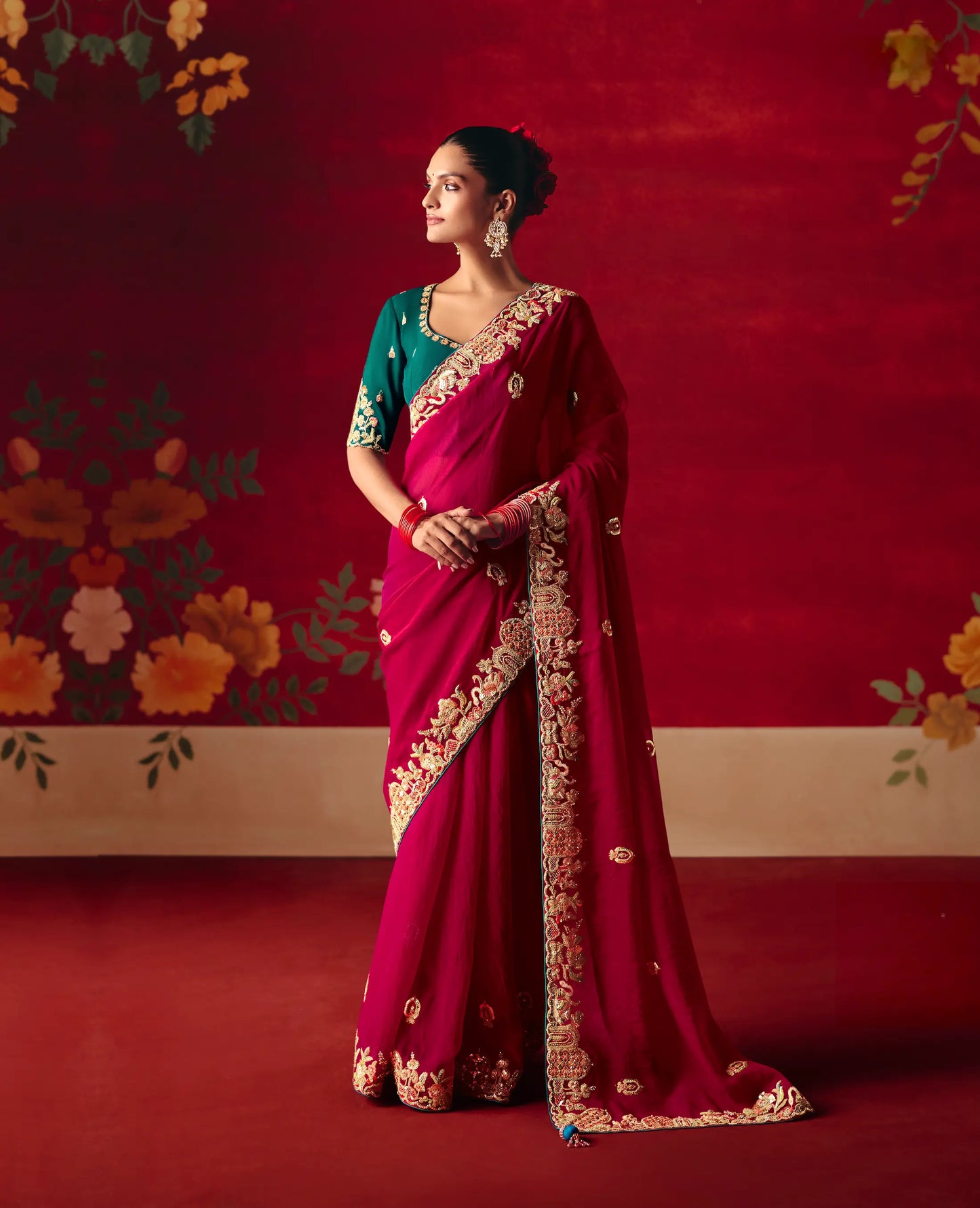 Crimson Red Heavy Embroidered Saree