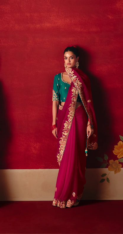 Crimson Red Heavy Embroidered Saree