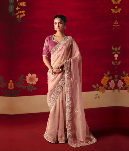 Blossom Pink Heavy Embroidered Saree