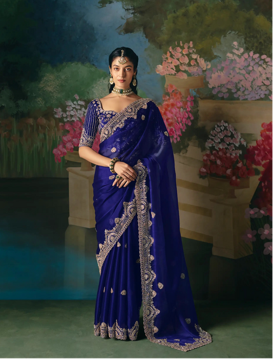 Royal Blue Sequins & Beads Embroidery Saree
