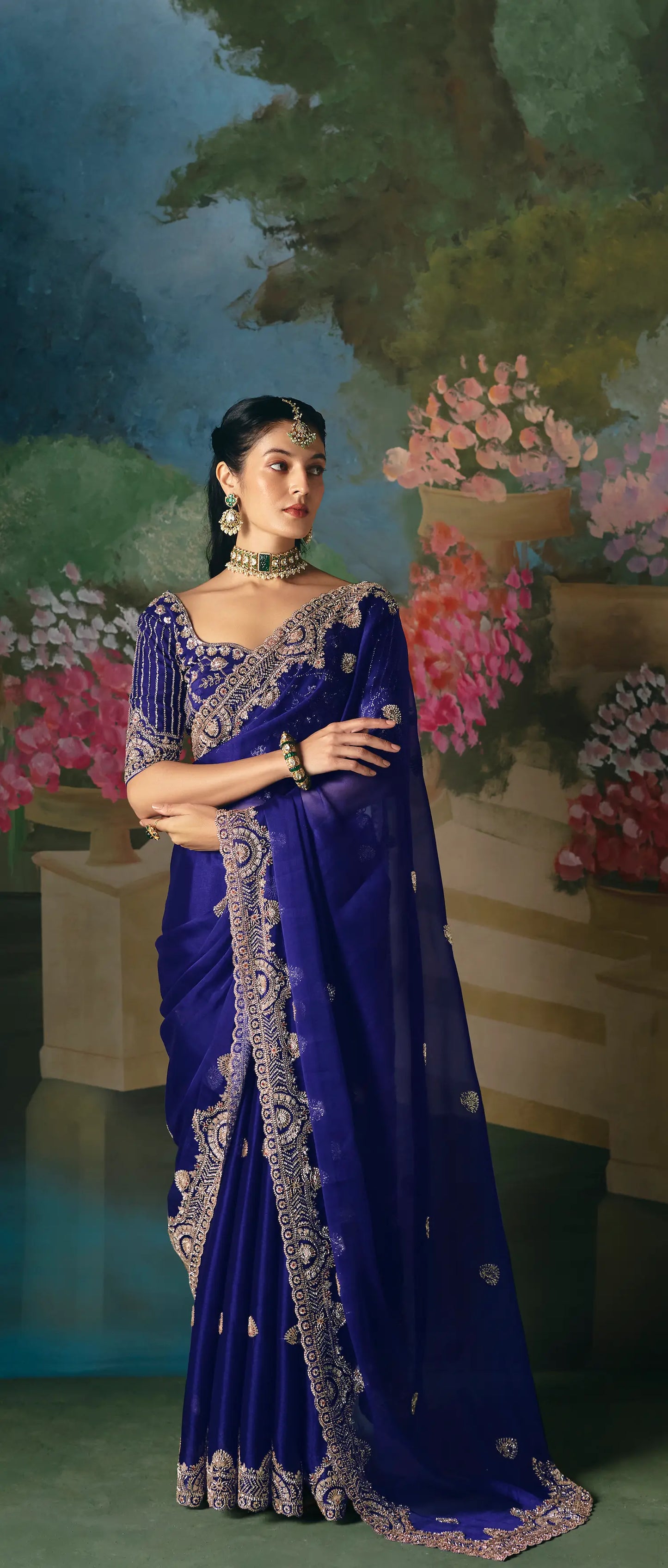 Royal Blue Sequins & Beads Embroidery Saree