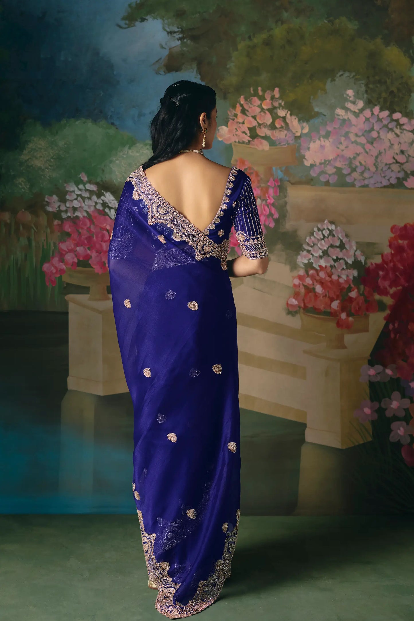 Royal Blue Sequins & Beads Embroidery Saree