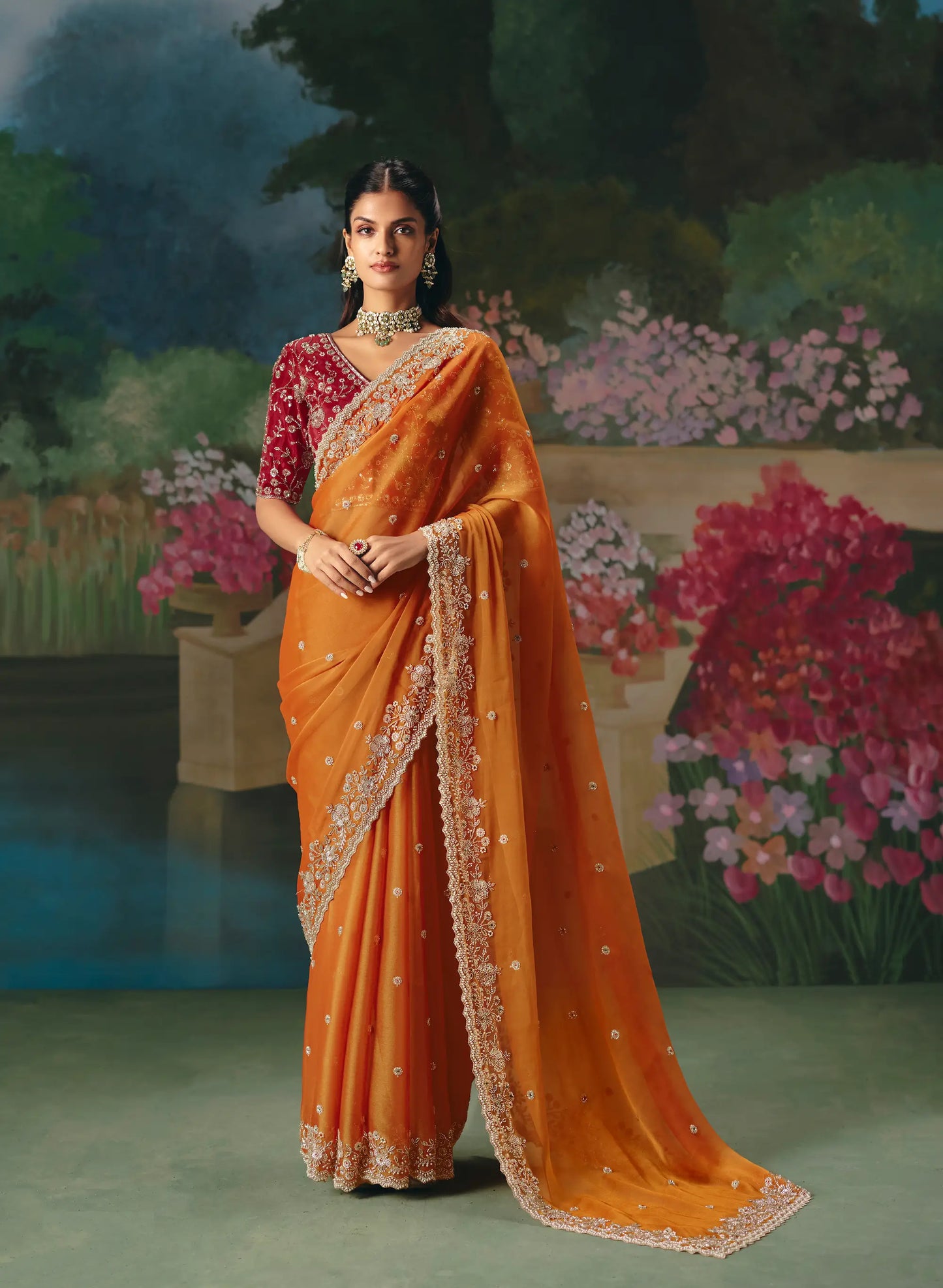 Bright Orange Sequins & Beads Embroidery Saree