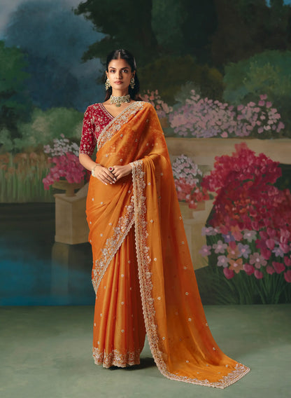 Bright Orange Sequins & Beads Embroidery Saree