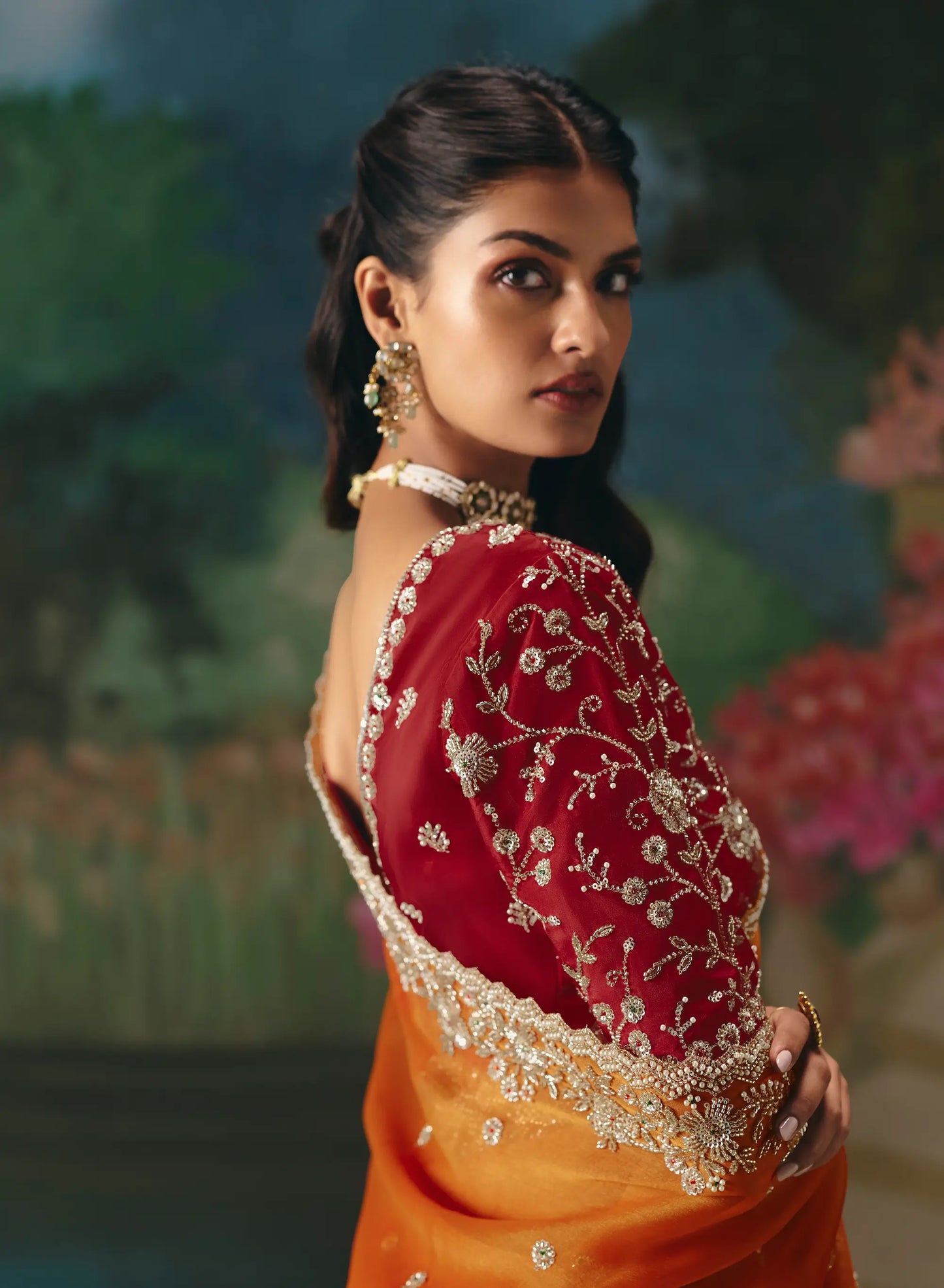 Bright Orange Sequins & Beads Embroidery Saree