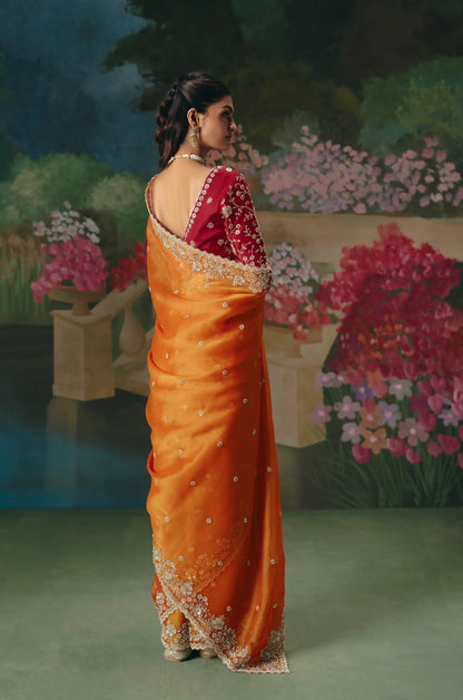 Bright Orange Sequins & Beads Embroidery Saree