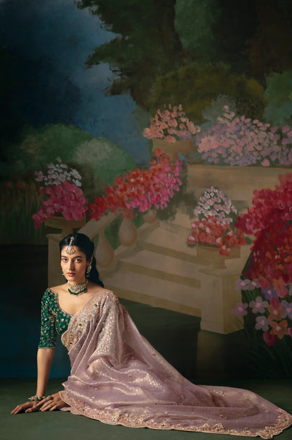 Mauve Pink Sequins & Beads Embroidery Saree