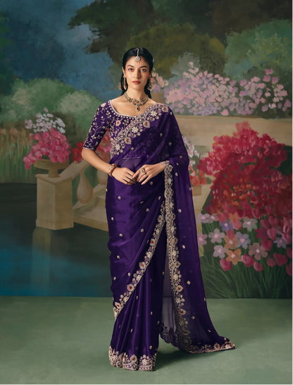 Deep Purple Sequins & Beads Embroidery Saree