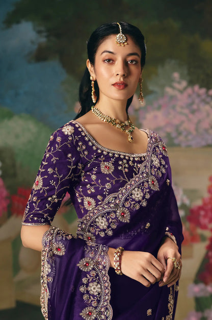 Deep Purple Sequins & Beads Embroidery Saree