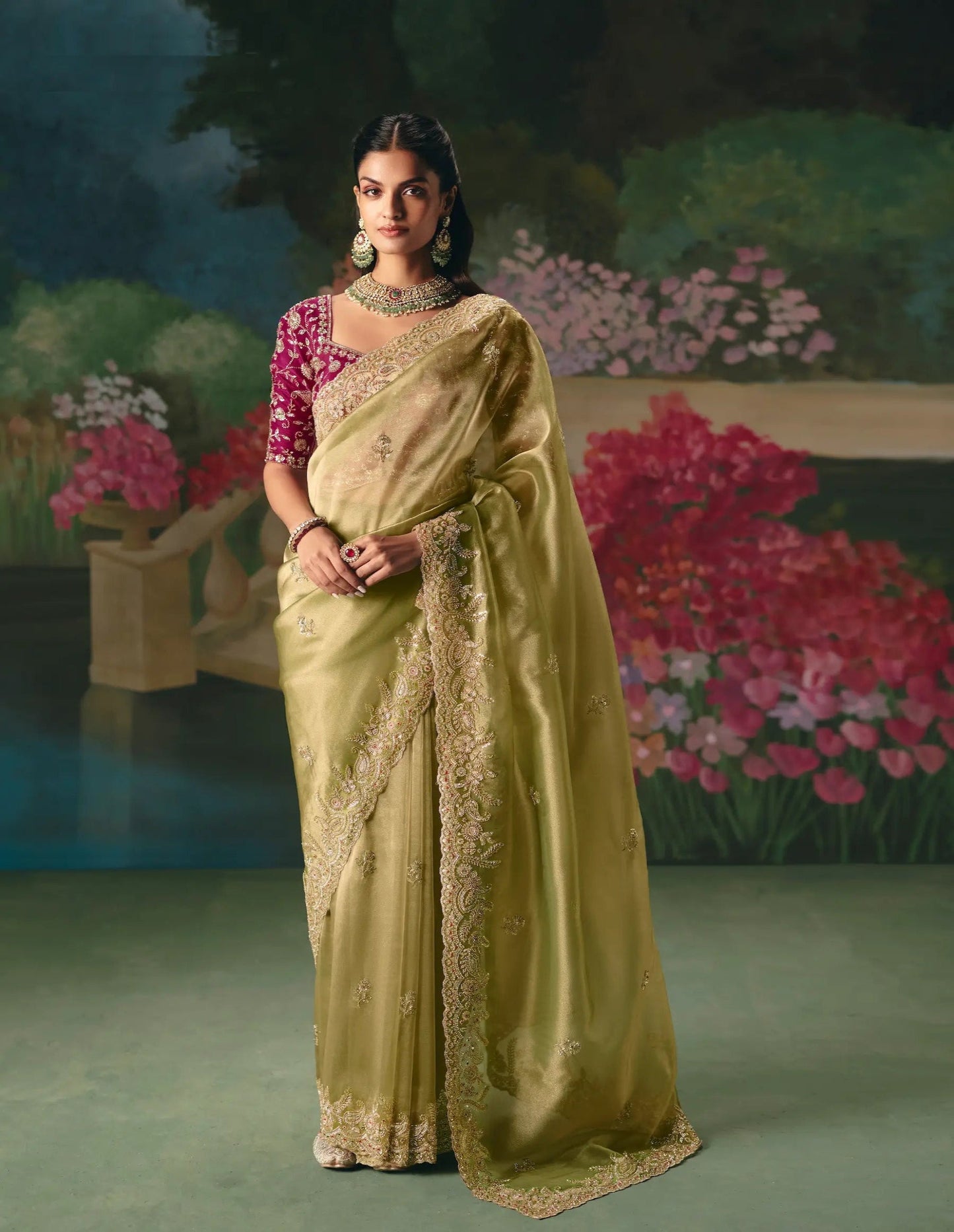 Olive Green Sequins & Beads Embroidery Saree