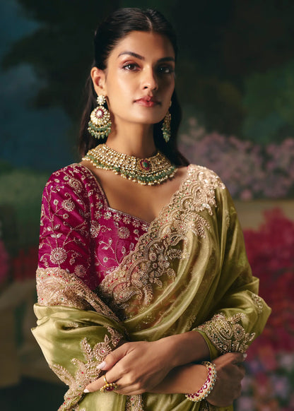 Olive Green Sequins & Beads Embroidery Saree