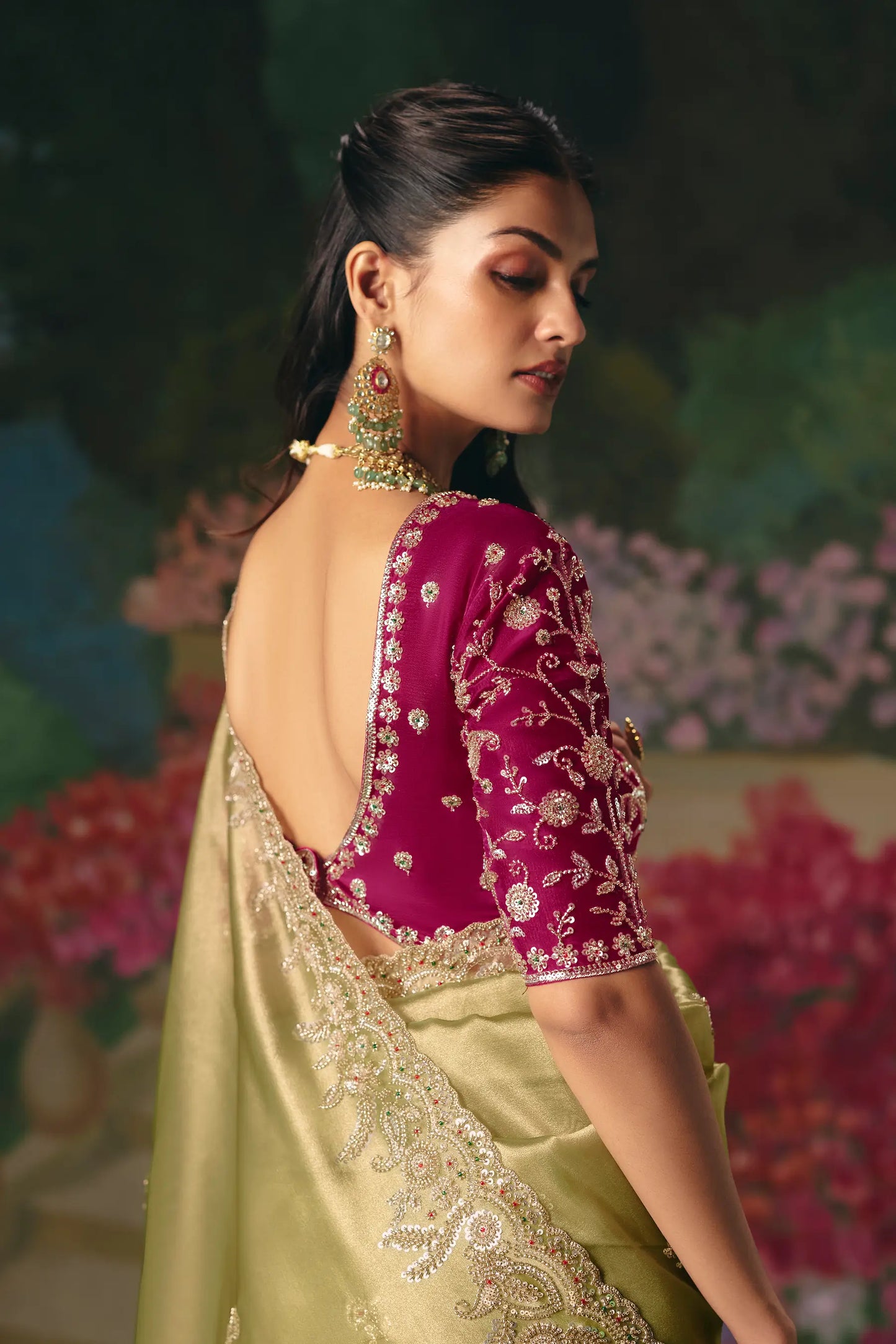 Olive Green Sequins & Beads Embroidery Saree
