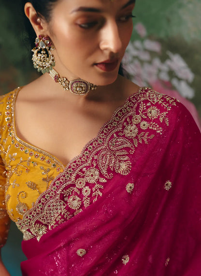 Hot Pink Sequins & Beads Embroidery Saree