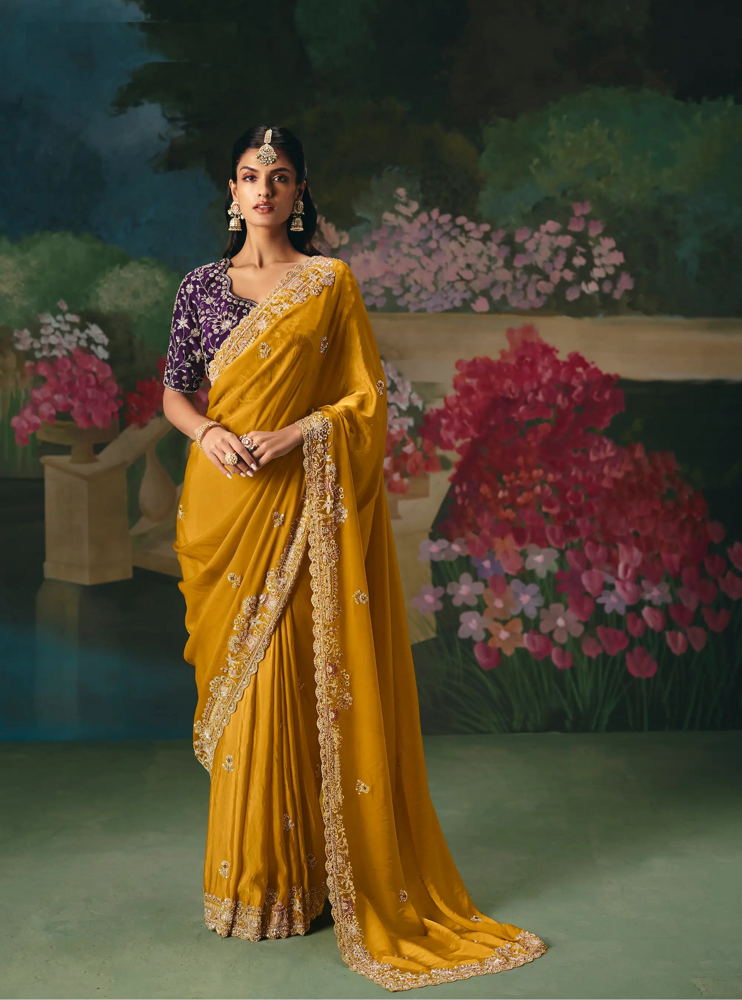 Mustard Yellow Sequins & Beads Embroidery Saree