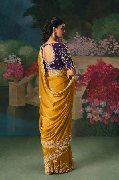 Mustard Yellow Sequins & Beads Embroidery Saree