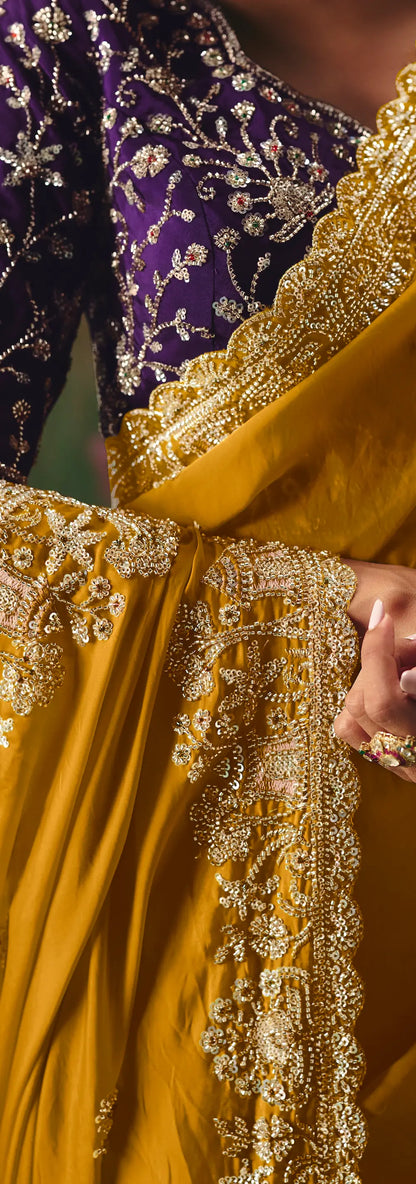 Mustard Yellow Sequins & Beads Embroidery Saree