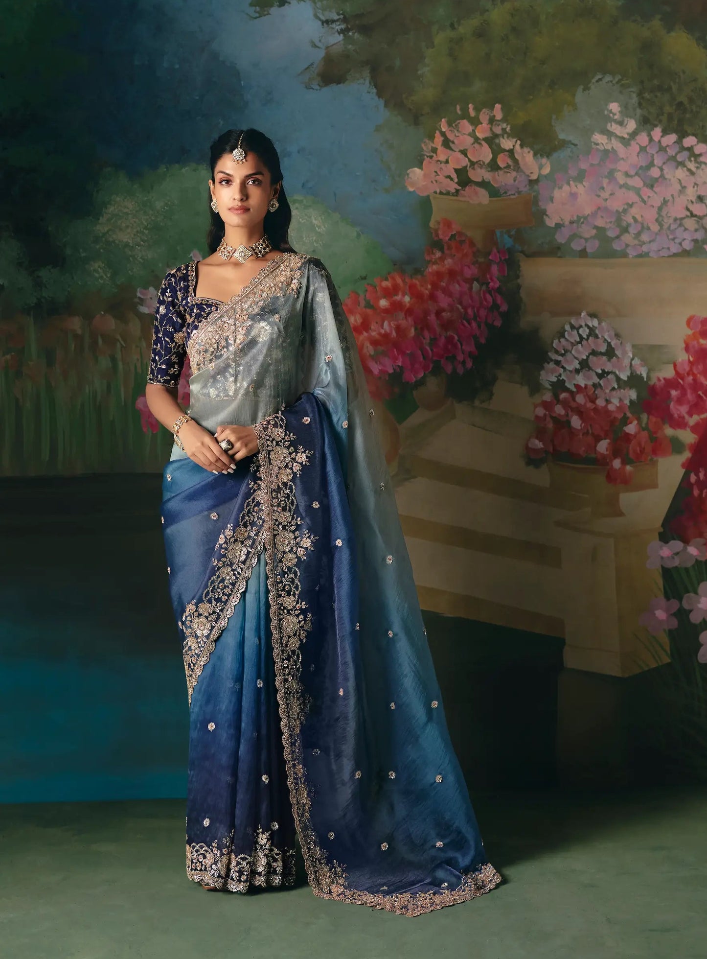 Shaded Blue Sequins & Beads Embroidery Saree