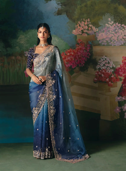 Shaded Blue Sequins & Beads Embroidery Saree