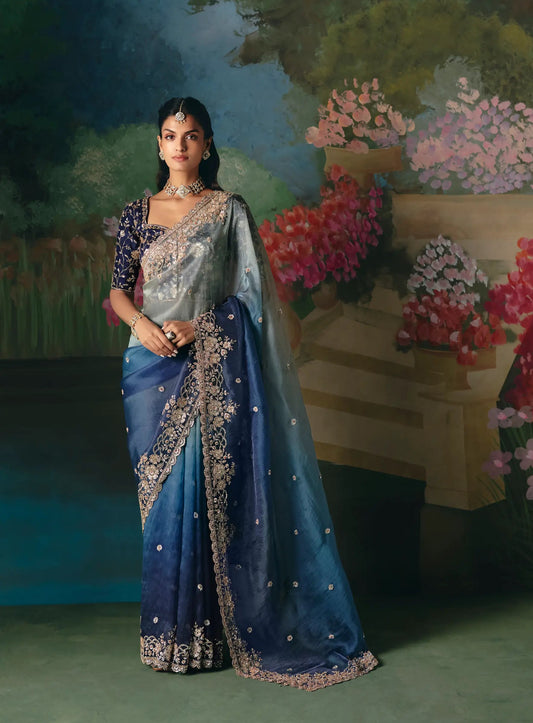 Shaded Blue Sequins & Beads Embroidery Saree