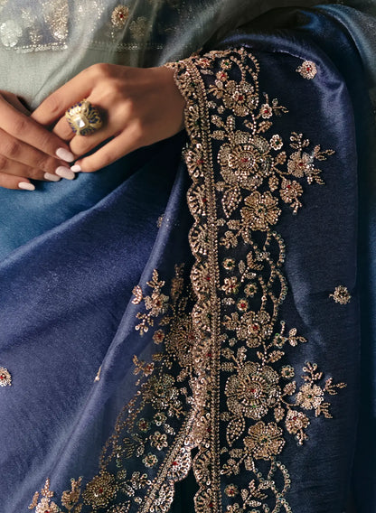 Shaded Blue Sequins & Beads Embroidery Saree