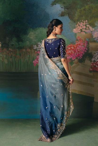 Shaded Blue Sequins & Beads Embroidery Saree