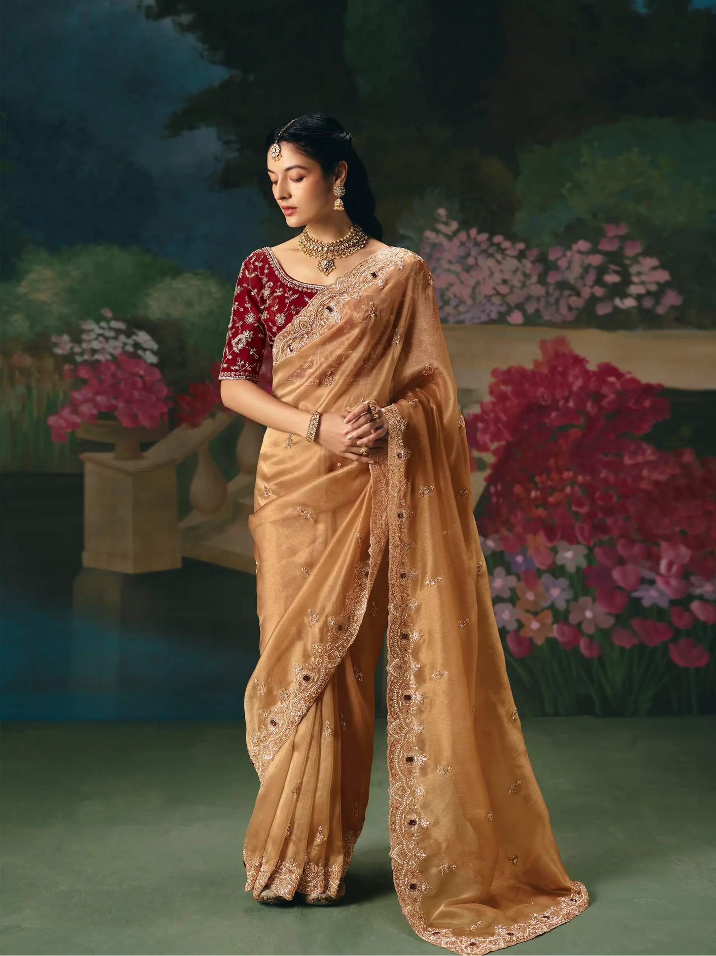 Golden beige Sequins & Beads Embroidery Saree