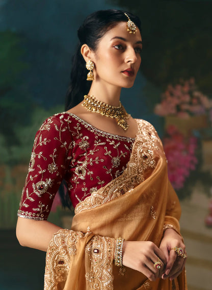 Golden beige Sequins & Beads Embroidery Saree