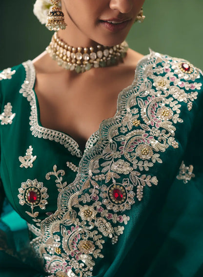 Bottle Green Heavy Embroidered Saree