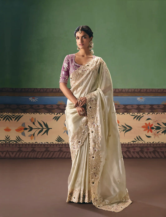Ivory White Heavy Embroidered Saree
