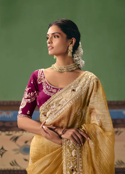 Caramel Gold Heavy Embroidered Saree