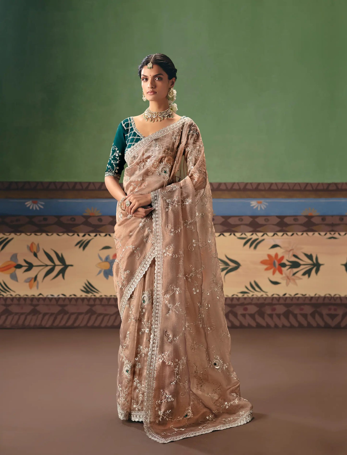Nude Beige Heavy Embroidered Saree