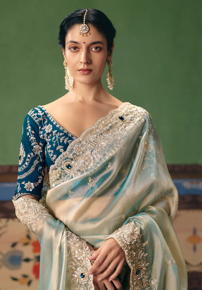 Ice Blue Heavy Embroidered Saree