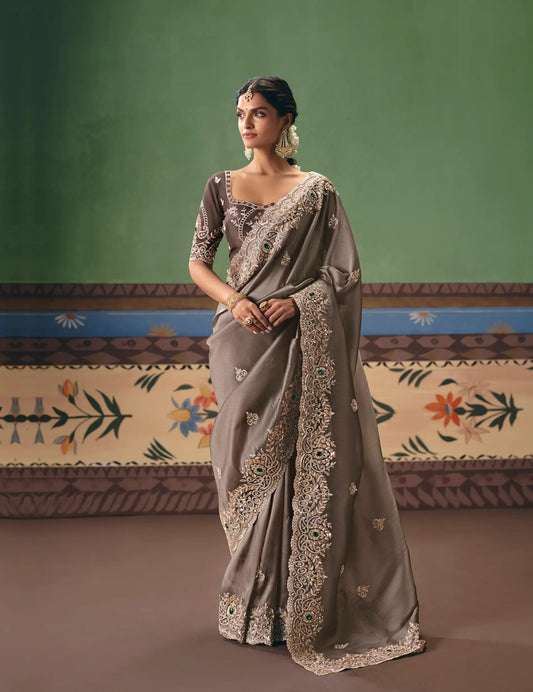 Taupe Brown Heavy Embroidered Saree