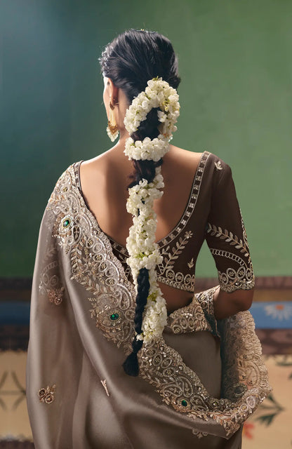Taupe Brown Heavy Embroidered Saree