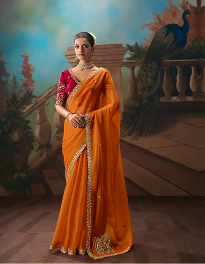 Bright Orange Fancy Embroidered Saree
