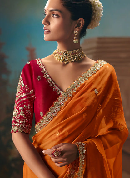 Bright Orange Fancy Embroidered Saree