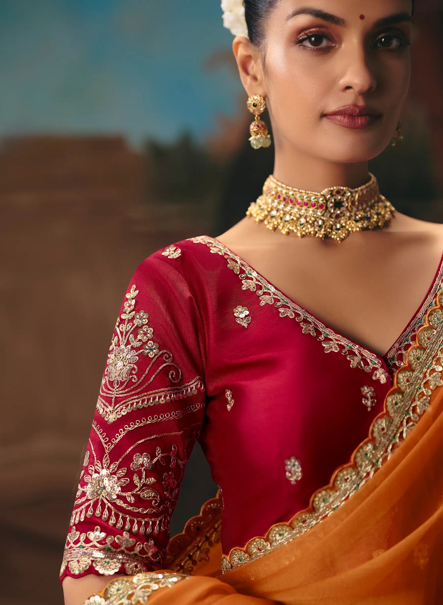 Bright Orange Fancy Embroidered Saree