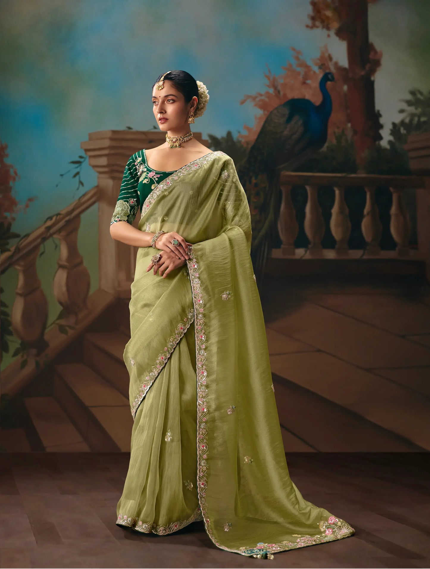 Olive Green Fancy Embroidered Saree