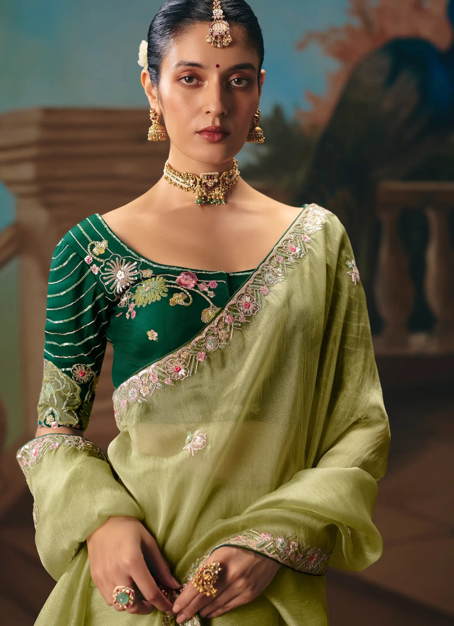 Olive Green Fancy Embroidered Saree
