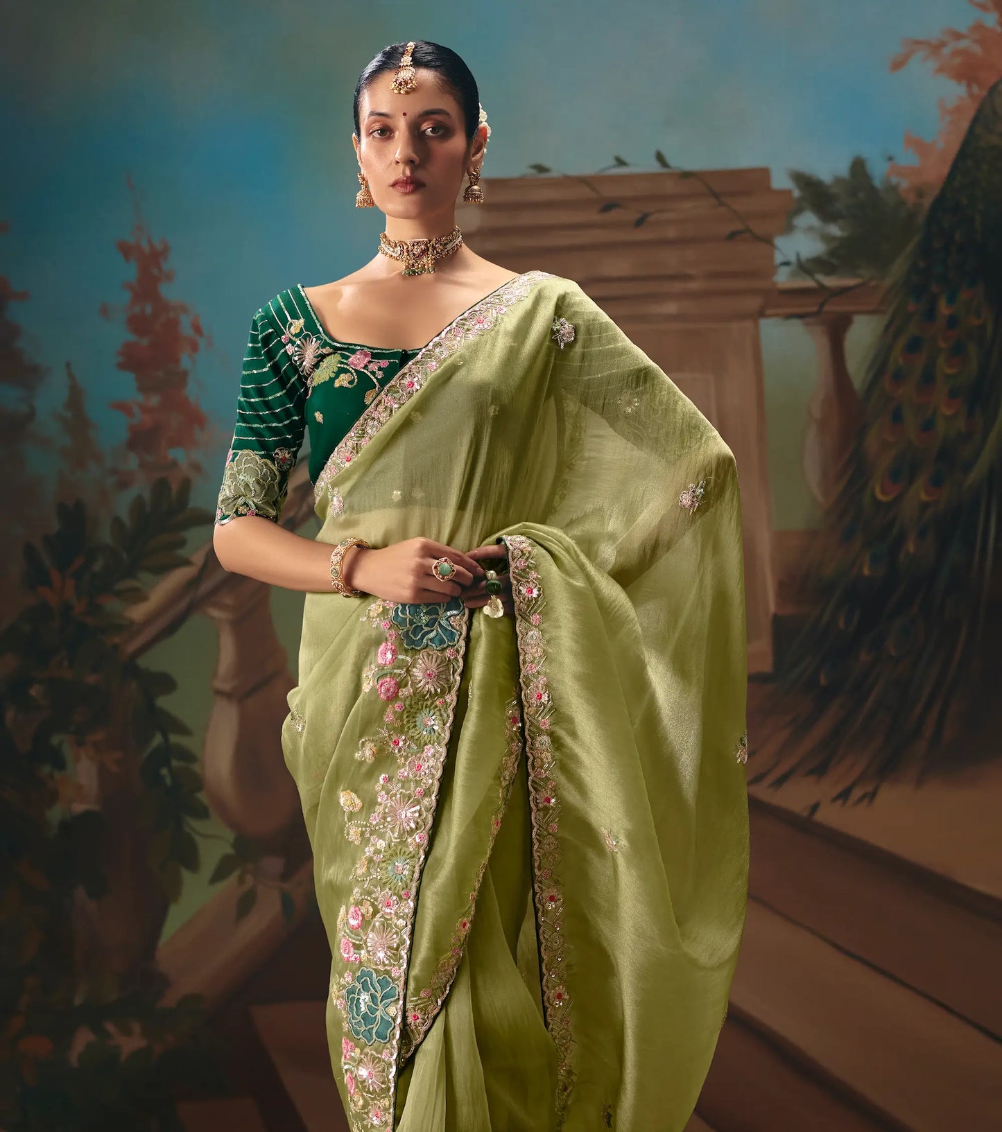 Olive Green Fancy Embroidered Saree
