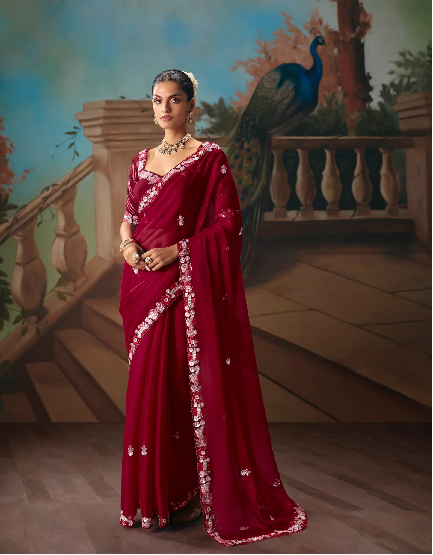 Ruby Red Fancy Embroidered Saree
