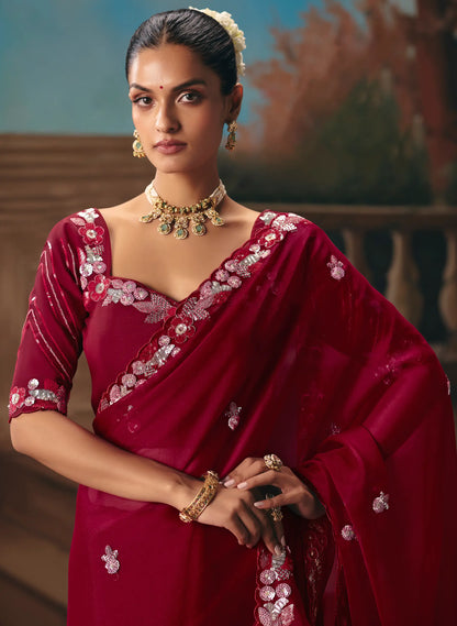 Ruby Red Fancy Embroidered Saree