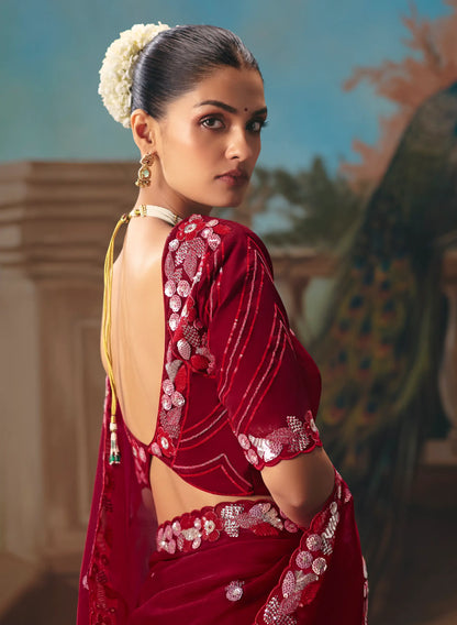 Ruby Red Fancy Embroidered Saree