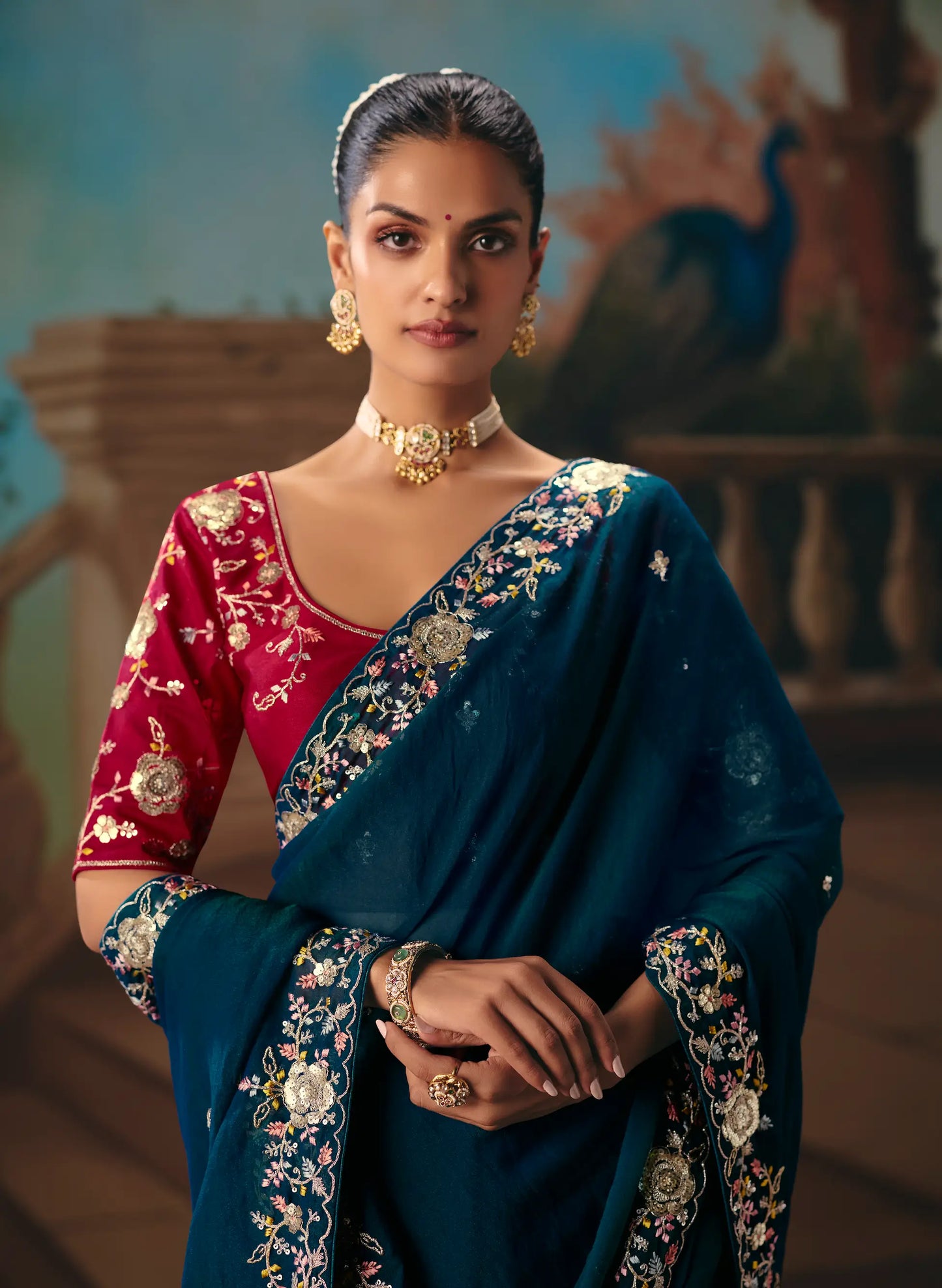 Deep Teal Fancy Embroidered Saree